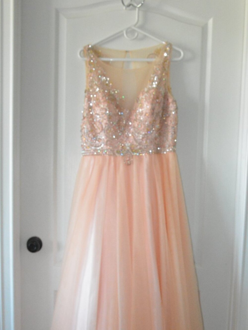 Nox Peach Sleeveless Formal Prom Gown Tulle Skirt Illusion Beaded Bodice sz XXL